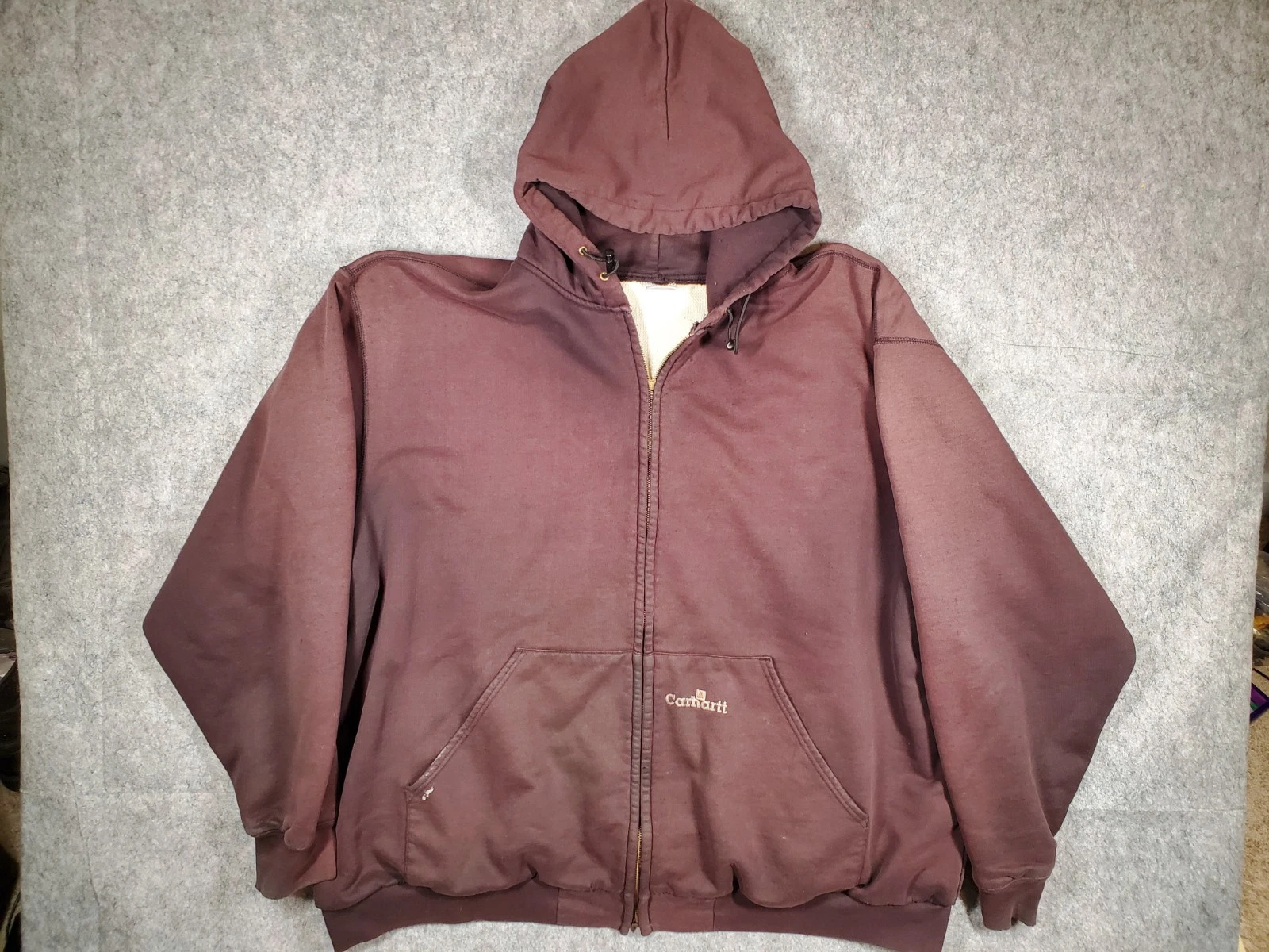 Vintage Carhartt Men's K129 BRN Thermal Lined Full Zip Hoodie 4XL Faded Thrashed