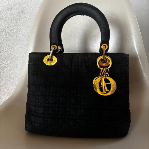 Christian Dior Lady Dior Cannage Hand Bag Nylon Black Gold Auth Good