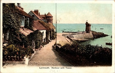 Vintage Lynmouth Harbour with Tower British Linen Postcard Scenic View
