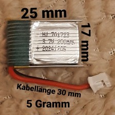 Mini Lipo Akku 3,7V 200mAh Li-Ion Batterie 25mm x 17mm x 6mm  2-poliger Stecker 