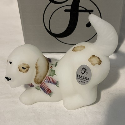 Fenton White Satin Glass Playful Puppy Dog Christmas Scarf  Signed Hand Painted