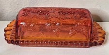 L.E. Smith Cadmium Glass Amberina Orange Fayette Grapes & Leaves Butter Dish