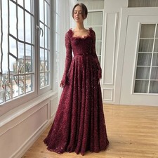 Evening Dress Long Sleeves Beading Sequined A Line Sweep Train Prom Party Gown