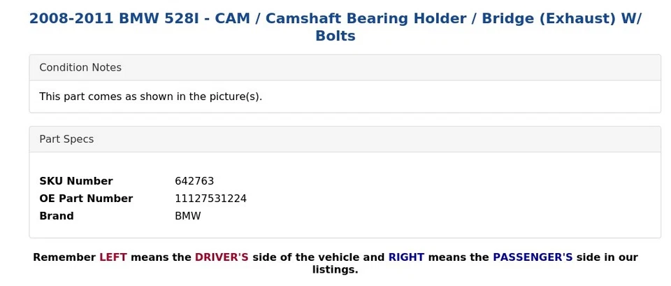 BMW 528I 2008-2011 - Soporte de cojinete de levas/puente (escape) con pernos Foto 4 de 4