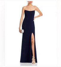 Aqua Strapless Navy Blue Gown Evening Dress Side Slit Formal Wedding Guest Sz 2