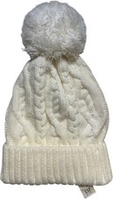 NWT Gap Kids Solid Ivory Cable Knit Beanie Hat with Pom Pom, Youth S/M