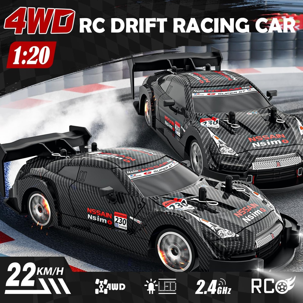 Afenau Coche RC Drift 1:24 A 30 Km/h Con Luces | 4WD Teledirigido Para Niños Y Adultos, Batería Recargable Y 2.4 GHz