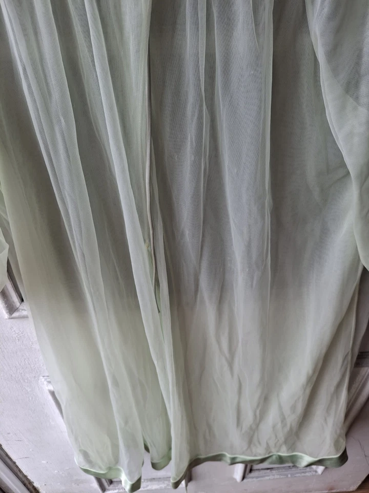 复古 32-34 码蓝绿色雪纺长袍袖口蕾丝领饰小孔领 — 第 3/4 张图片