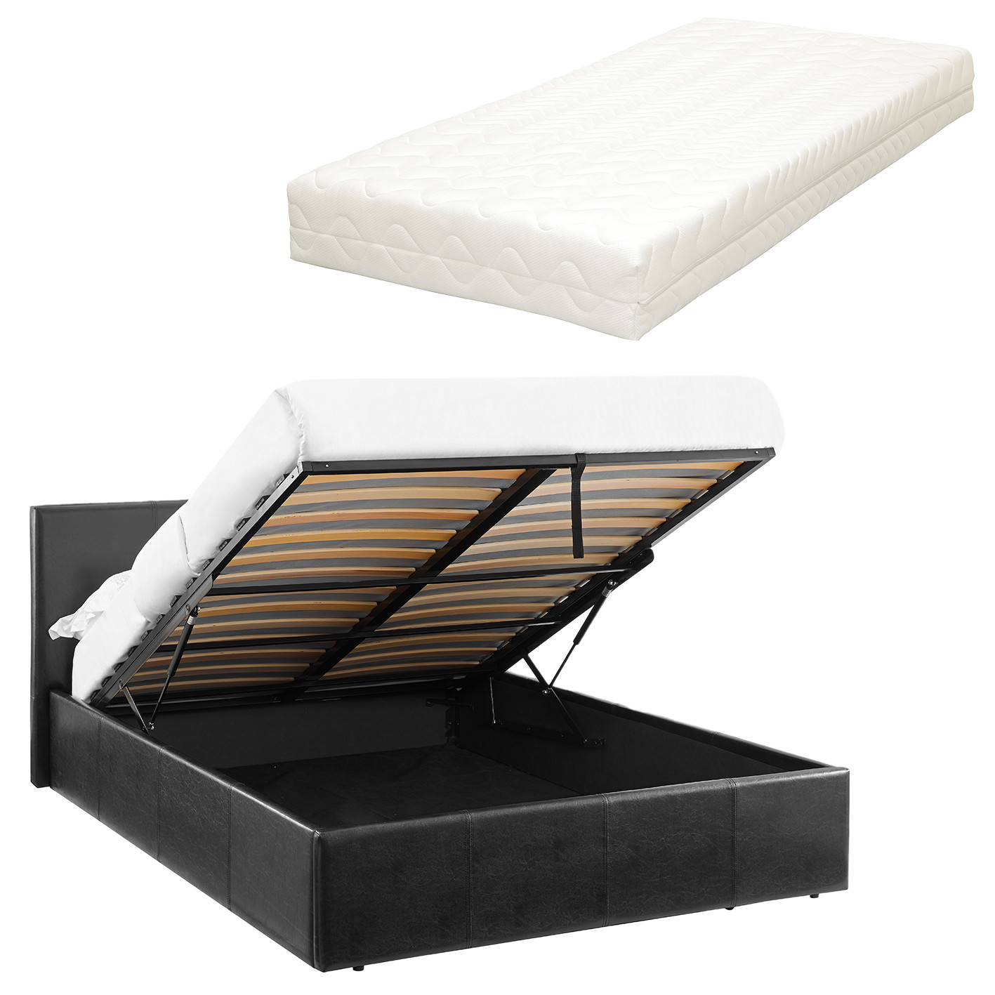 LUNA 3FT Single Ottoman Bed Black Faux Leather + Spring & Foam Mattress