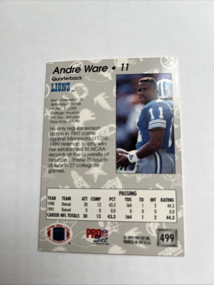 Autographed 1992 Pro Set - Andre Ware #499. Heisman Trophy Winner - Image 2 of 2