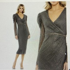 Mac Duggal 93674 Beaded Wrap Puff Long Sleeve Dress NWT Charcoal Gray size 12