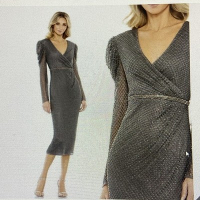 Mac Duggal 93674 Beaded Wrap Puff Long Sleeve Dress NWT Charcoal Gray size  12