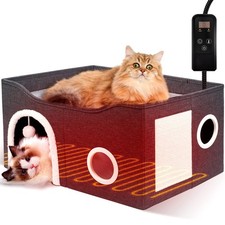 Indoor Heated Cat House, Adjustable Temperature Cat Heating Bed with Timer an...