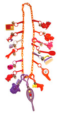 Vintage 80s Bell Charm Necklace w/ 15 Plastic Clip Charms and Orange Chain Retro