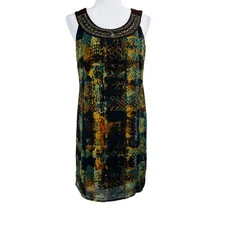 Rabbit Designs Beaded Multicolor Brown Printed Sleeveless Mini Sheath Dress 6/SM