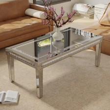 Large Silver Mirrored Coffee Table Crystal Inlay Gorgeous Modern Tea Table Home