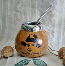   Argentina Mate Gourd Hand Made + Straw + Carlos Gardel  Engraved - Tango 