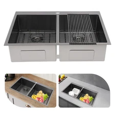 33"x22" Drop in Kitchen Sink Double Bowl Stainless Steel Kitchen Sink W/ Grid