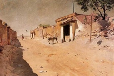 Oil Painting repro William Merritt Chase Spanish Village with donkey in view