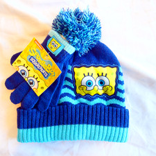 SpongeBob SquarePants Boys Girls Blue Knit Beanie Hat Gloves Set Boys Girls