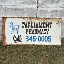 Vintage Metal Sign 44” x 21” Parliament Pharmacy WEST BRANCH MICHIGAN MICH MI