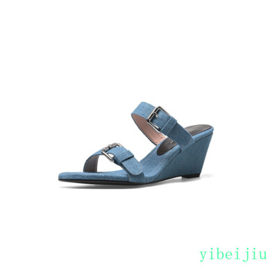 Women's Denim Leather Slippers Open Toe Sandals Casual Mule Slides Shoes Vintage