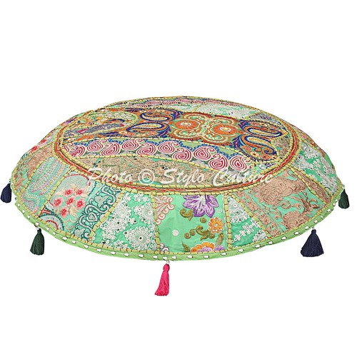 Green Round Dog Pillow 32 in Vintage Patchwork Floor Pillow Covers Pouf - Picture 2 of 6
