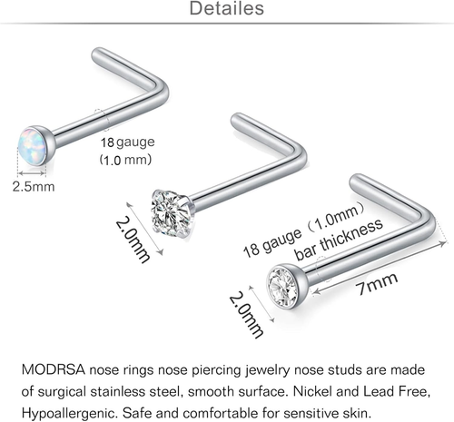 MODRSA Nose Studs 18G & 20G - L-Shaped Surgical Stainless Steel Diamond Studs - Picture 2 of 12