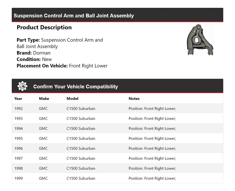 Conjunto de rótula brazo de control Suburban Dorman 1992-1999 GMC C1500 19 Foto 2 de 4