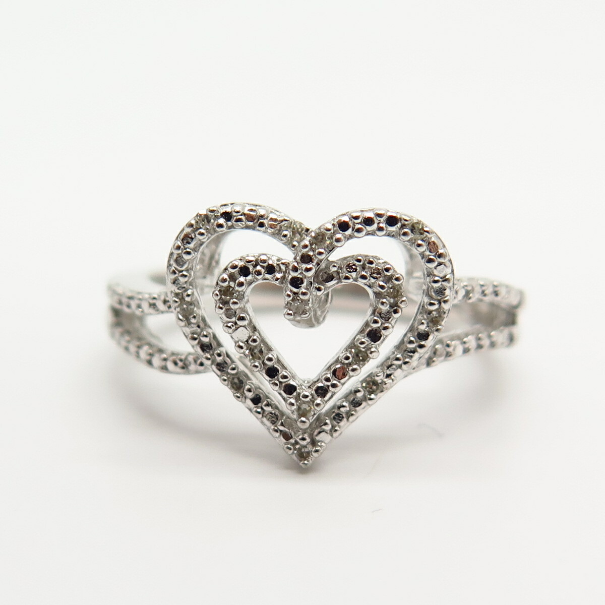 925 Sterling Silver Real Diamond Double Open Heart Ring Size 7 eBay