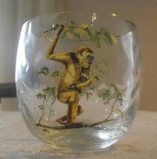 Vintage MCM Roly Poly Lowball Glass Ape/Monkey Holding A Baby Signed M. SARGEANT
