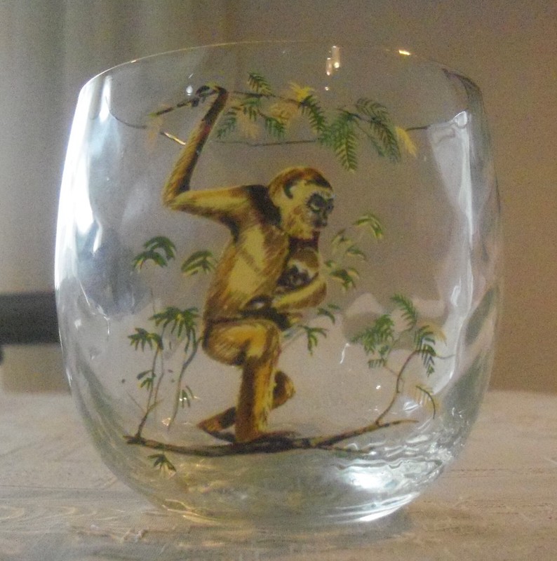 Vintage MCM Roly Poly Lowball Glass Ape/Monkey Holding A Baby Signed M. SARGEANT