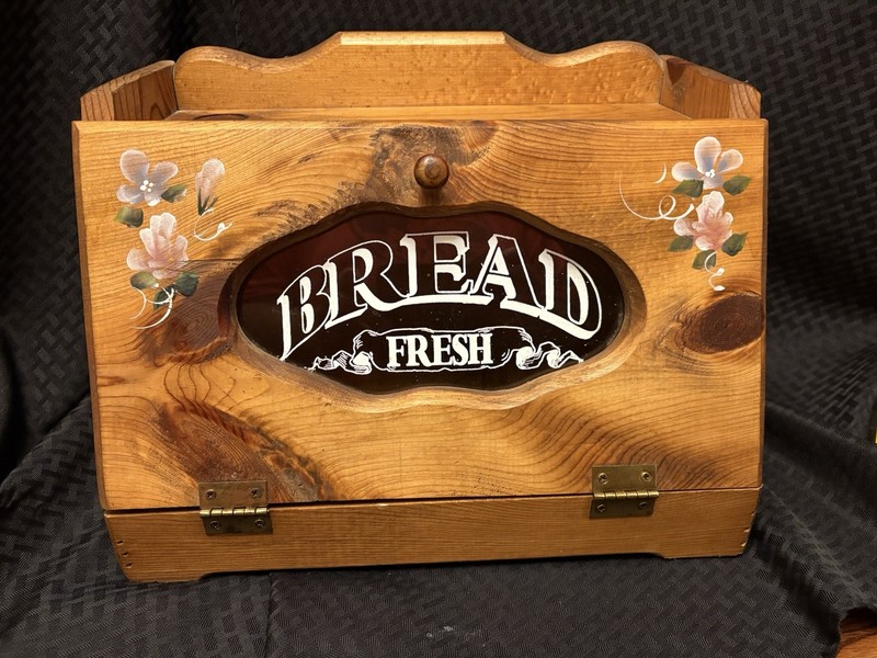 VTG Wooden Bread Box/Bin Storage With Glass Panel & Floral Paint - Shelf On Top