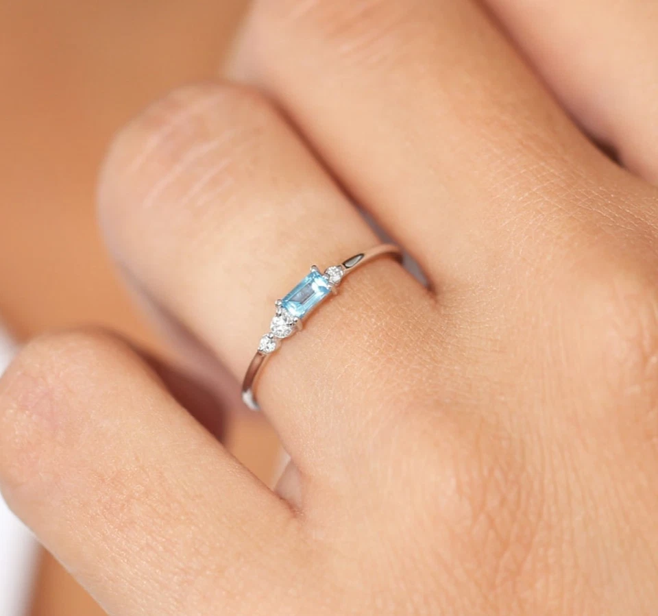 Natural Blue Topaz Engagement Ring Lab Grown Diamond Ring 10K White Gold Ring - Image 3 of 4