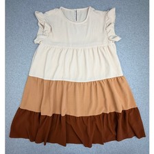 Women Tiered Colorblock Babydoll Dress Ruffle Sleeve Neutral Fall Transition L