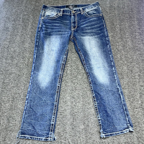 True Luck Jeans Herren 34x30 blau Denim Stretch bestickt Whiskering Pattentasche