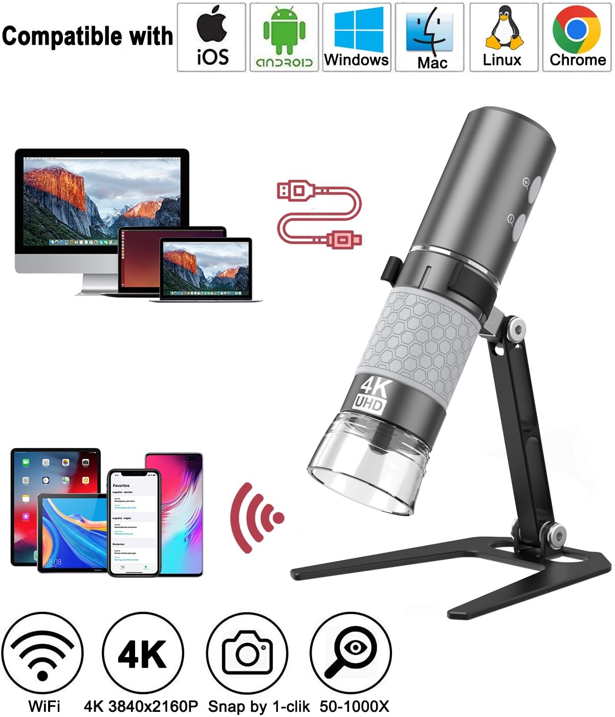 WiFi USB Digital Handheld Microscope, 50 to 1000x Wireless Magnification Endo...