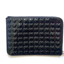 Marc Jacobs Embossed Hearts Patent Black Cow Leather Zip Clutch Makeup Bag Used.