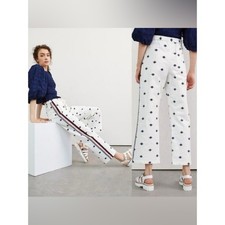 Anthropologie Maeve Wide Leg Embroidered Bees Stripe White Pants, Size Large