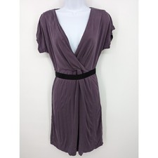 Tory Burch 100% Silk Wrap Dress XS Purple Short Sleeve Black Belt Surplice
