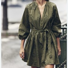 Zara Rubberized Openwork Embroidery Green Tie Waist Mini Dress Size Extra Small