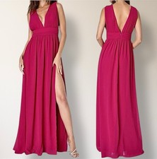 Lulus Heavenly Hues M Magenta Maxi Dress Deep V Side Slit Wedding Formal Wedding
