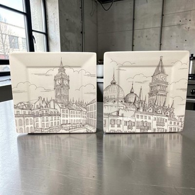 222 Fifth City Scenes Salad Plates, Set of 2, Vintage Square Dishes, Tableware