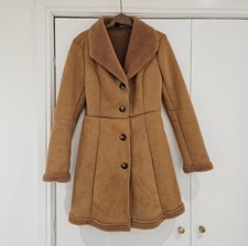 Teddy Bear Fleece Formal Smart Tan Brown Camel Coat Jacket Button Up Size 8 S 