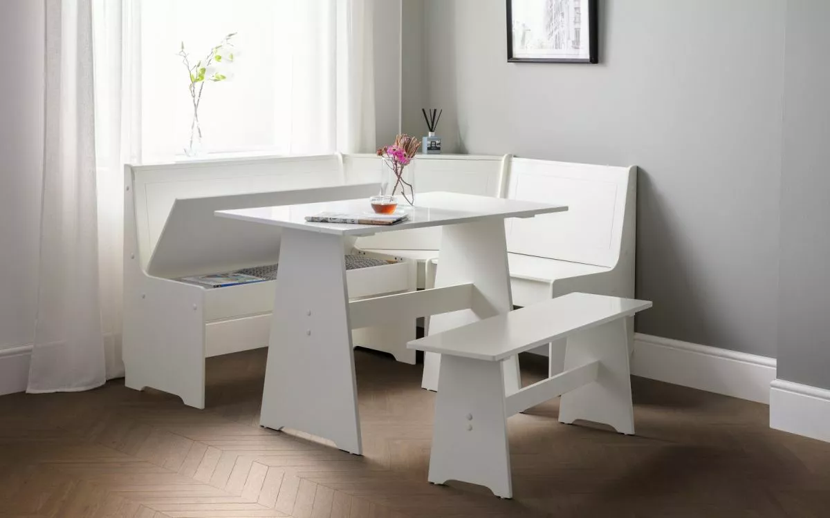 White Corner Storage Dining Bench Set W109cm x D65cm x H74cm