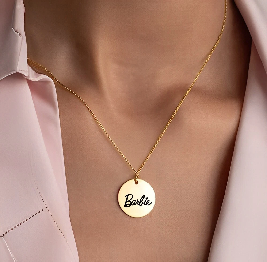 Personalized Gold CircleBarbie Necklace Round Necklace Girls Barbie Movie  Pink