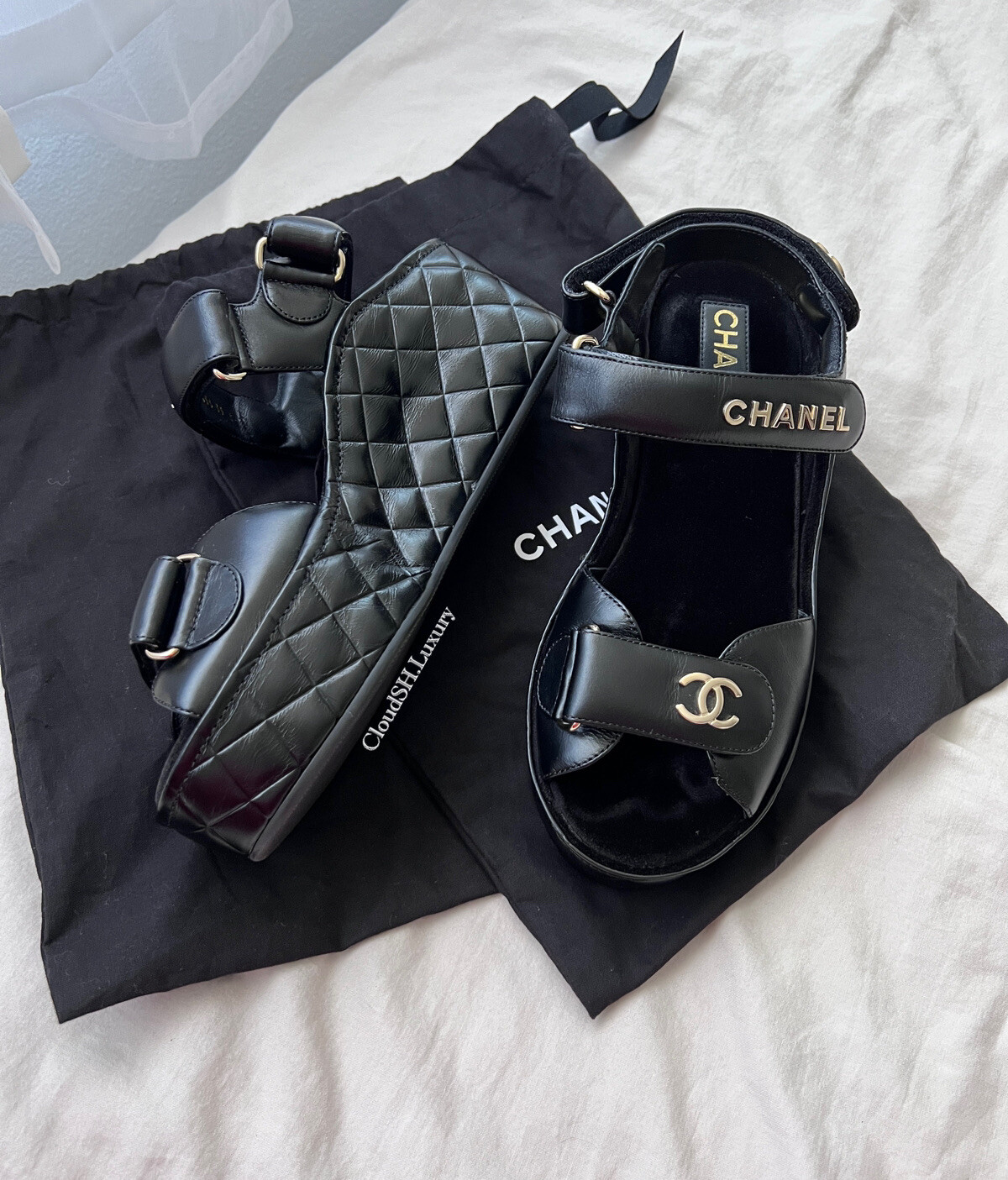 Auth Chanel Black Leather CC Logo Strap Wedge Sandals -Sz.39 image 2
