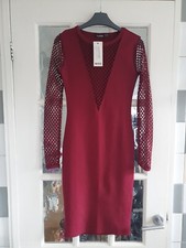 Womens Burgundy Boohoo Fishnet V-Neck Long Sleeve Midi Dress - Size 8 UK