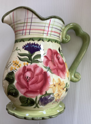 222 Fifth LAURA Pitcher 9.75  Floral DOTS Plaid PINK GREEN PURPLE +Chip RARE New