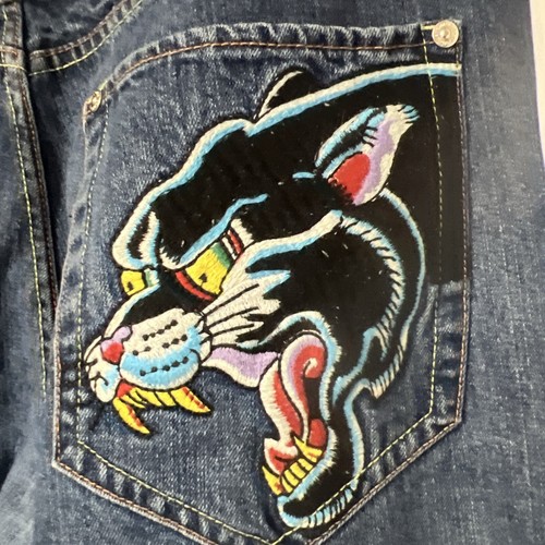Pantalones de mezclilla Christian Audigier para hombre talla 42 azules bordados pantera negra - Imagen 7 de 9